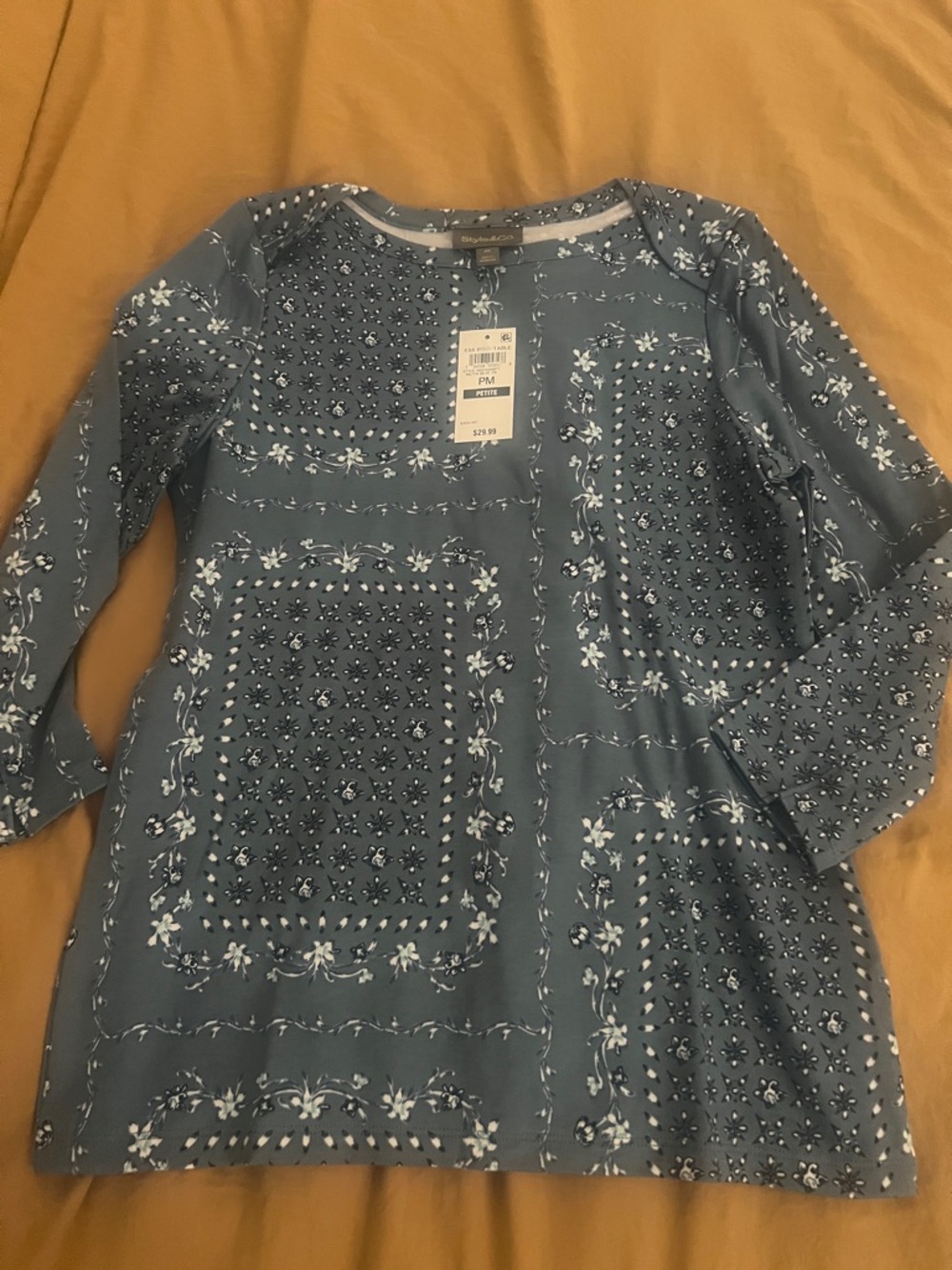 Style & Co. Blue Floral Patchwork Print Long Sleeve Top